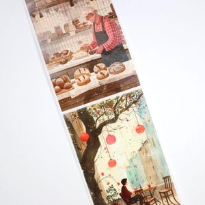 May include: A vintage-style illustration of a bakery with a man in a red and white checkered shirt behind the counter. The bakery is filled with loaves of bread and pastries. The second illustration shows a tree with red lanterns hanging from its branches. A person is sitting at a table under the tree.