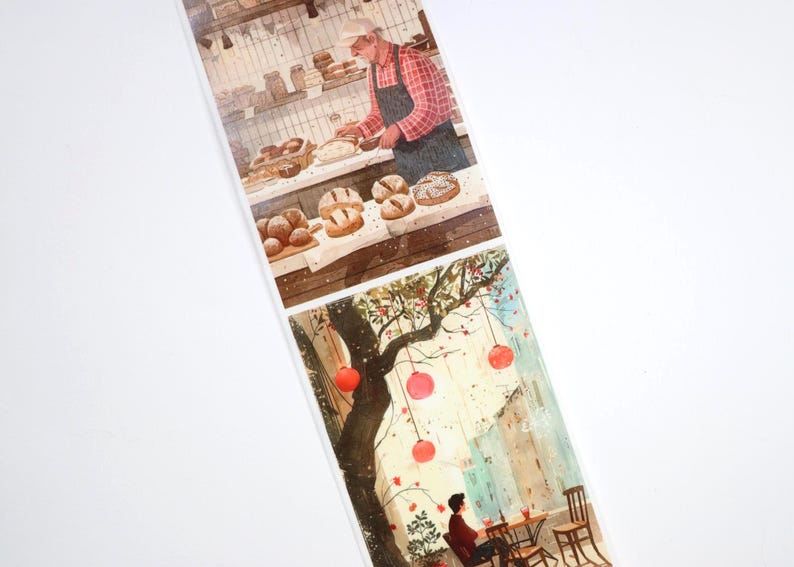 May include: A vintage-style illustration of a bakery with a man in a red and white checkered shirt behind the counter. The bakery is filled with loaves of bread and pastries. The second illustration shows a tree with red lanterns hanging from its branches. A person is sitting at a table under the tree.