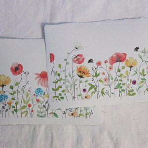 Confezione di carta fatta a mano con fiori selvatici colorati - Set di carta fatta a mano per scrapbooking - Illustrazione del prato - Stazionario fatto a mano