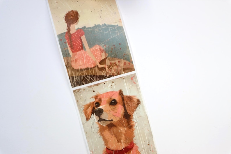 May include: Two illustrations, one of a woman in a pink dress sitting on a grassy hill and the other of a brown and white dog looking up.