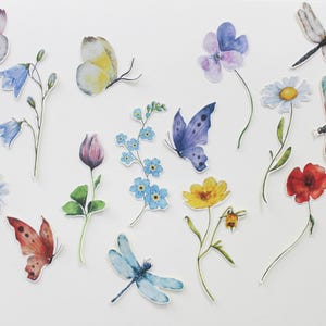 Conjunto de adesivos florais - Conjunto de adesivos de flores selvagens - Adesivo decorativo de flores - Diário de bala floral - Adesivo de libélula