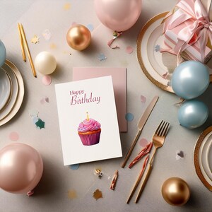 Carte de voeux d'anniversaire gâteau numérique, imprimable carte postale de joyeux anniversaire, rose Cup Cake carte-cadeau d'anniversaire téléchargement immédiat