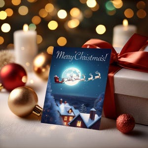 Tarjeta de felicitación navideña digital con Papá Noel y ciervos, postal imprimible, descarga instantánea, tarjetas de feliz Navidad, tarjetas de regalo navideñas