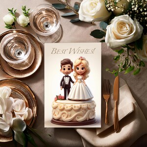 Carte de voeux de mariage imprimable, joli couple de massepain sur un gâteau de mariage, carte-cadeau numérique, téléchargement immédiat de la carte postale des jeunes mariés