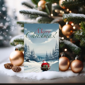 Tarjeta de felicitación navideña imprimible, postal digital de Papá Noel sentado en un trineo, tarjeta de regalo navideña de descarga instantánea, feliz Navidad