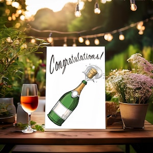 Tarjeta de felicitación de felicitación con champán, postal de felicitación para cualquier ocasión, opción de ahorro de vida en un evento de último momento, preparación, imprimible