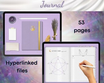 May include: Digital spiritual bullet journal with 53 pages. The journal is purple and has a gold accent. The journal is compatible with GoodNotes and Notability apps. The journal has hyperlinked files.