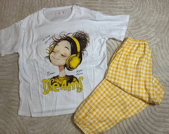 Women’s Pajama Set with Cartoon Print • White T-shirt and Yellow Checkered Pants • Cute Sleepwear for Home & Lounge