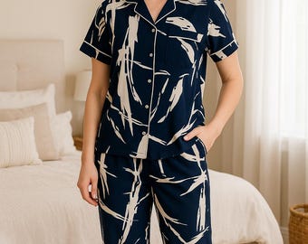 Navy Blue Pajama Set with Abstract Print | Comfortable Loungewear for Women