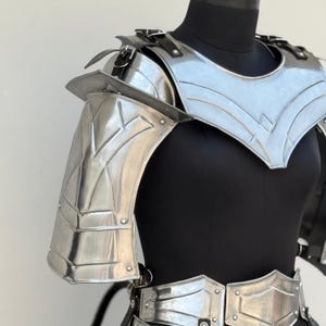 May include: Silver-toned metal armor for the shoulders and chest. The armor has a decorative design with a pointed shape at the top of the chest piece.