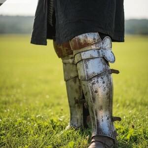 May include: Close-up of medieval leg armor, featuring layered metal plates with a weathered, aged appearance. The armor is secured with leather straps and buckles. The Knights Ltd logo is visible in the top left corner.
