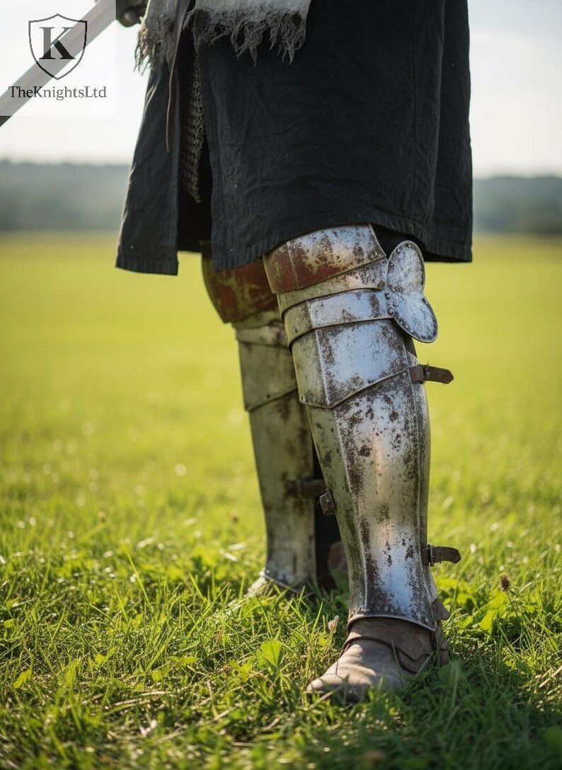 May include: Close-up of medieval leg armor, featuring layered metal plates with a weathered, aged appearance. The armor is secured with leather straps and buckles. The Knights Ltd logo is visible in the top left corner.