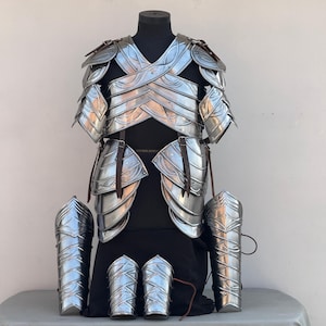 Peut inclure: Une armure complète en argent avec des détails complexes. L'armure comprend une cuirasse, des épaulières, des jambières et des protège-bras.