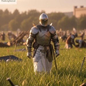 May include: A medieval knight in full silver armor stands in a grassy field, surrounded by fallen swords and other figures in the background. The armor includes a helmet, shoulder guards, and gauntlets. The KnightsLtd logo is in the upper left corner.