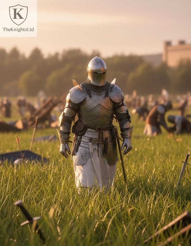 May include: A medieval knight in full silver armor stands in a grassy field, surrounded by fallen swords and other figures in the background. The armor includes a helmet, shoulder guards, and gauntlets. The KnightsLtd logo is in the upper left corner.