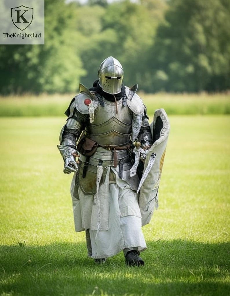 May include: A person in full medieval armor, including a helmet, chest plate, and leg guards, stands on a grassy field. The armor is silver and detailed, with a shield and a sword. The KnightsLtd logo is in the top left corner.