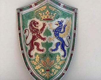 Medieval Etched Heraldic Lion Steel Shield | Painted Coat Of Arms Knight Wall Decor