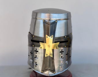 Templar Knight Helmet: Brass Cross, Medieval Replica, Cosplay Armor