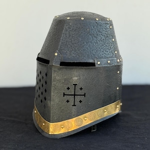 Medieval Knight Black Steel Great Helmet | Knight Templar Helmet Larp Top Helmet Replica Prop for Cosplay, Events & Collectors