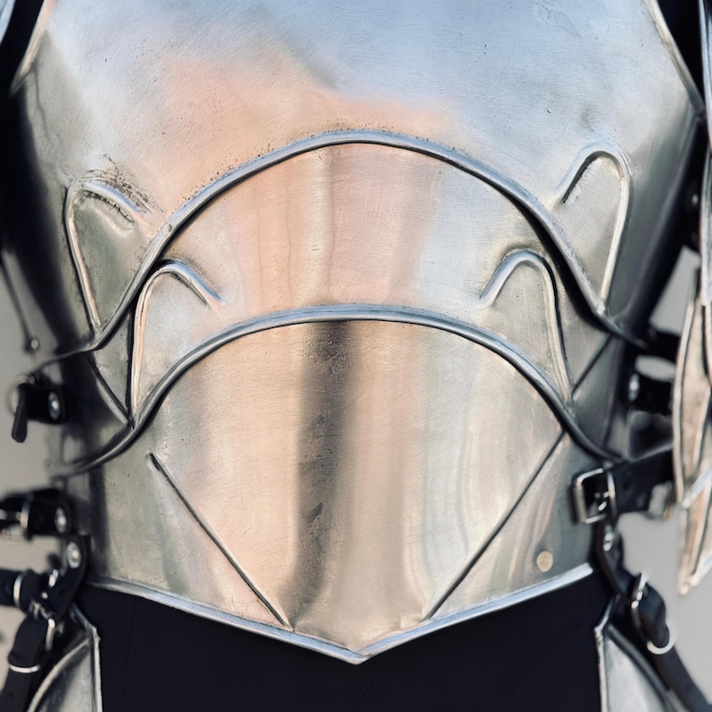 K&ouml;nnte beinhalten: Nahaufnahme einer silbernen Metallbrustplatte mit einer glatten, polierten Oberfl&auml;che. Die Brustplatte hat eine gew&ouml;lbte, abgerundete Form und besteht aus mehreren zusammengef&uuml;gten Metallteilen.