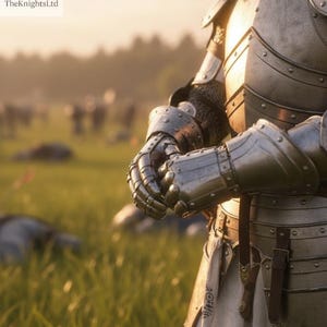 May include: Close-up of a medieval knight's armor, showcasing intricate metalwork and riveted plates. The armor is silver-toned, reflecting the sunlight. The scene is set in a grassy field with a blurred background, suggesting a battle or historical reenactment.