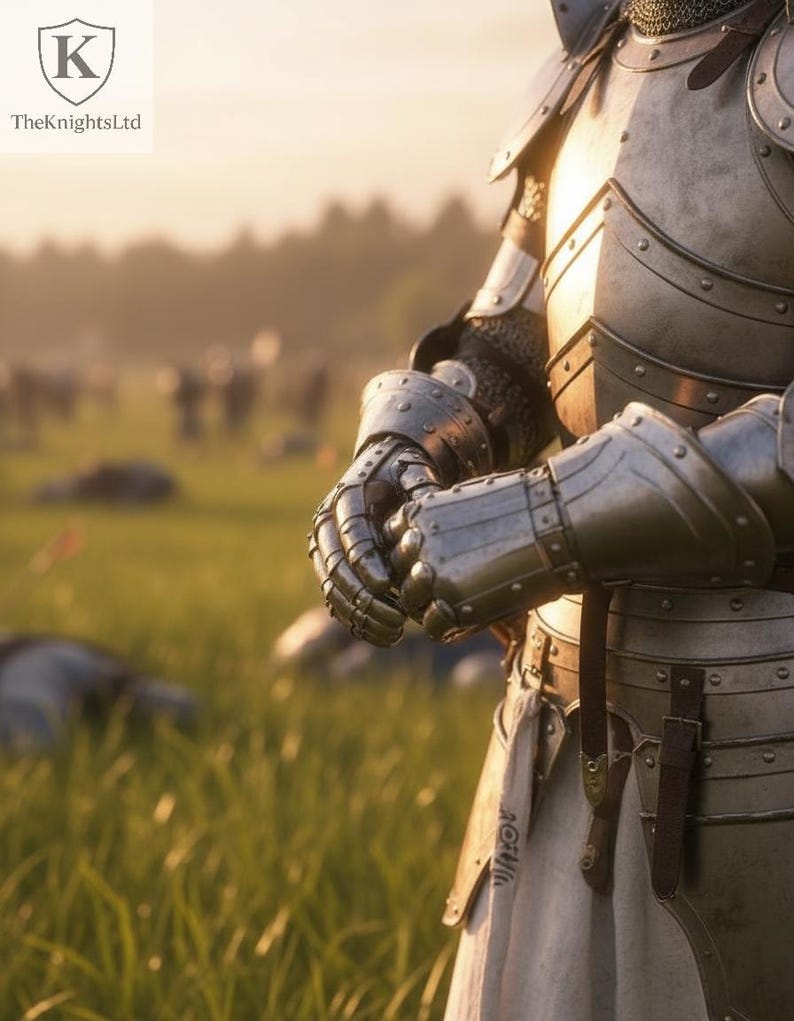 May include: Close-up of a medieval knight's armor, showcasing intricate metalwork and riveted plates. The armor is silver-toned, reflecting the sunlight. The scene is set in a grassy field with a blurred background, suggesting a battle or historical reenactment.