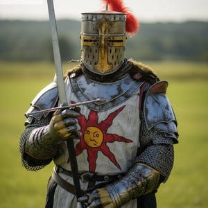 May include: A knight in full armor, holding a long sword. The helmet has a cross design and a red plume. The chest piece features a sun emblem. The KnightsLtd logo is in the top left corner. The armor is silver and gold.