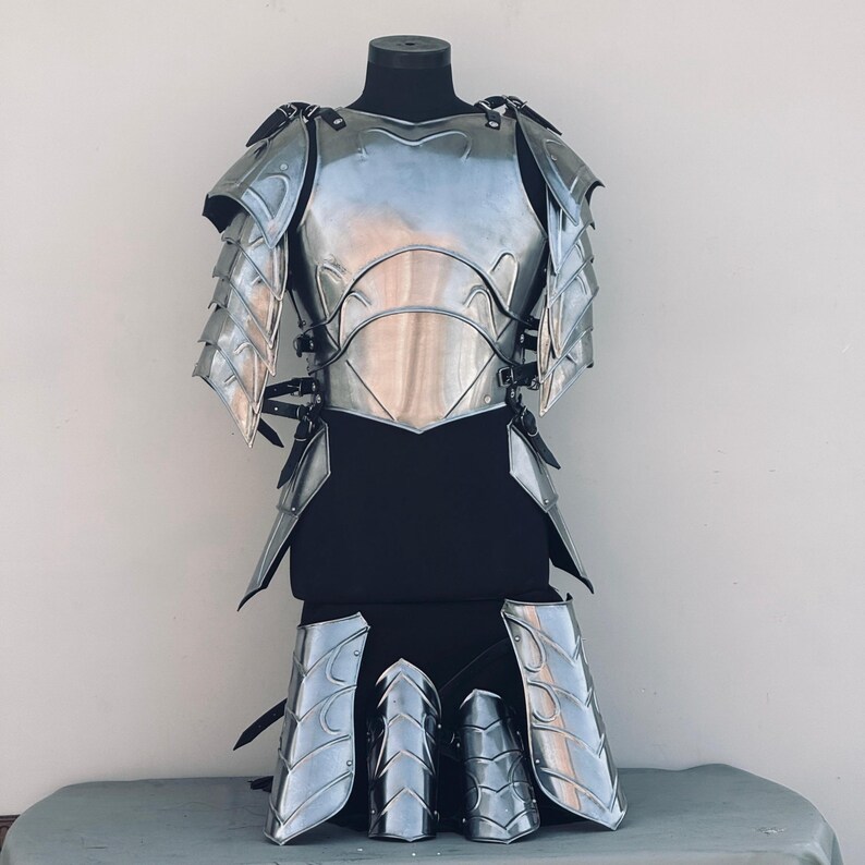 K&ouml;nnte beinhalten: Ein silberfarbener Metall-R&uuml;stungsset mit Brustpanzer, Schulterpolstern und Beinschienen. Die R&uuml;stung hat ein dekoratives Design mit einem schuppigen Muster.