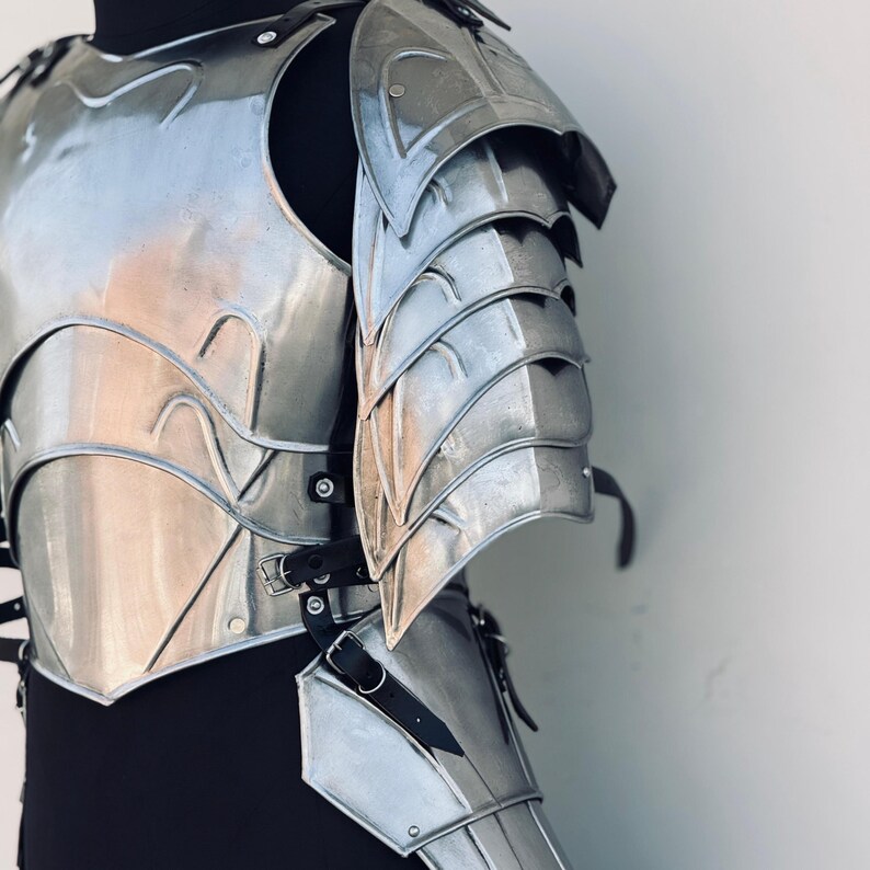 K&ouml;nnte beinhalten: Eine silberne Metallr&uuml;stung mit einem dekorativen Design. Die R&uuml;stung umfasst einen Brustpanzer, Schulterpolster und Beinschienen.