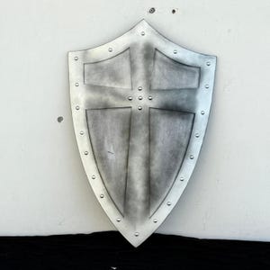 Templar Shield | Medieval Knight Grey Cross Black Templar Shield | Medieval Armor Crusader Damaged Shield | Heater Shield | Best Gift