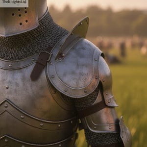May include: Close-up of medieval armor, showcasing a silver-colored breastplate, shoulder guards, and arm protection. The armor features riveted details and leather straps. Chainmail is visible around the neck and arms. The KnightsLtd logo is in the upper left corner.