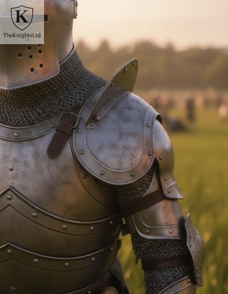 May include: Close-up of medieval armor, showcasing a silver-colored breastplate, shoulder guards, and arm protection. The armor features riveted details and leather straps. Chainmail is visible around the neck and arms. The KnightsLtd logo is in the upper left corner.