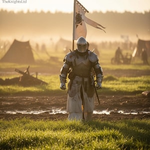 May include: A medieval knight in full armor stands in a muddy field, holding a sword. A white banner with a crest flies in the background. The scene is bathed in warm sunlight, with tents and figures in the distance.