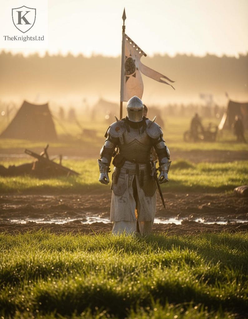 May include: A medieval knight in full armor stands in a muddy field, holding a sword. A white banner with a crest flies in the background. The scene is bathed in warm sunlight, with tents and figures in the distance.