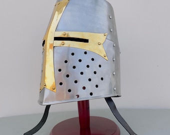 Casque de chevalier croisé fait main : réplique templière médiévale en acier