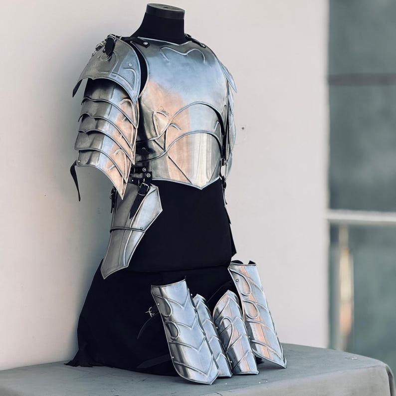 K&ouml;nnte beinhalten: Ein silberner Metall-R&uuml;stungsset mit Brustplatte, Schulterpolstern und Beinsch&uuml;tzern. Die R&uuml;stung hat ein dekoratives Design mit einem schuppigen Muster.