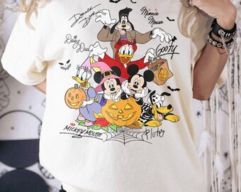 ミッキーのハロウィンパーティーシャツ2025、レトロディズニーハロウィンコンフォートカラーTシャツ、ディズニーハロウィン旅行お揃いファミリーシャツ