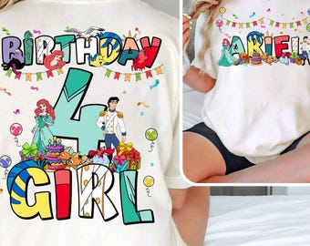 Camiseta personalizada de aniversário da Disney Ariel - Camiseta com nome personalizado de 2 lados, roupa de aniversário da Pequena Sereia, camiseta de viagem da família Disney