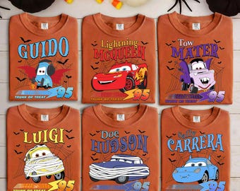 Camiseta de Halloween de la película Cars retro, camiseta de Halloween de Rayo McQueen y Sally, camiseta de viaje familiar de Disney, camiseta de Halloween de Disneyland 2025