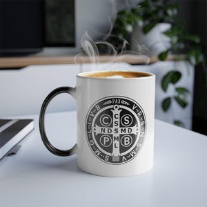 Benedictine Medal Catholic Mug: Heat Reveal Design, Saint Benedict Gift