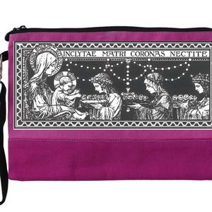 Petit sac de prière catholique avec Notre-Dame du Rosaire, peut contenir des livres de prières, de petits missels ou un voile de chapelle