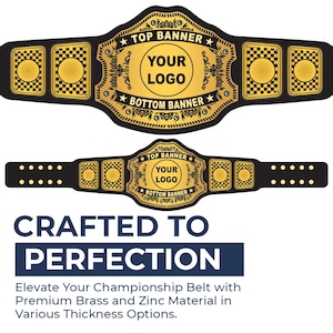 Pu&ograve; includere: Due cinture da campionato con una placca centrale dorata e dettagli neri, con il testo TOP BANNER, YOUR LOGO e BOTTOM BANNER, circondate da placche laterali con motivi a scacchiera e centri dorati, su uno sfondo nero.