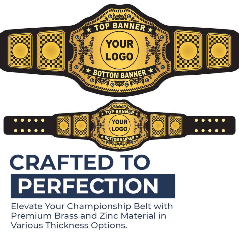 Pu&ograve; includere: Due cinture da campionato con una placca centrale dorata e dettagli neri, con il testo TOP BANNER, YOUR LOGO e BOTTOM BANNER, circondate da placche laterali con motivi a scacchiera e centri dorati, su uno sfondo nero.