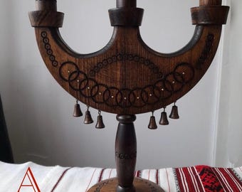 Hand-Carved Wooden Candlestick Holder: Rustic Christmas Candelabra
