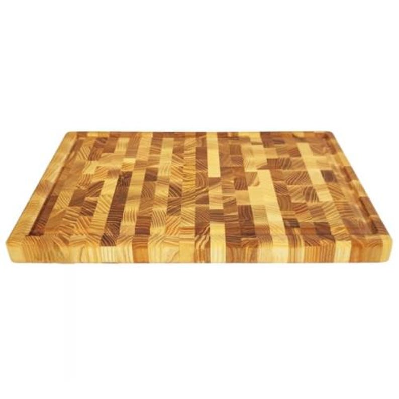 May include: A rectangular end-grain chopping board. The board is made of light and dark brown wood pieces arranged in a checkerboard pattern. A juice groove runs around the perimeter of the board.
