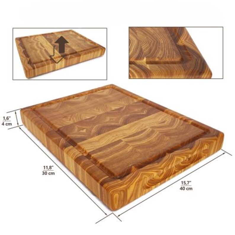 May include: A rectangular wooden chopping board with a juice groove. The board measures 40 cm long, 30 cm wide, and 4 cm thick. The wood grain is visible, and the board has a natural, warm colour.