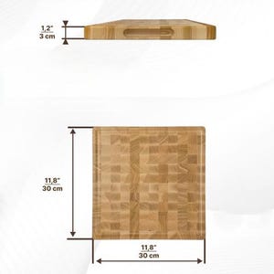 May include: A wooden end-grain chopping board, measuring 30 cm square and 3 cm thick, with a built-in handle. The board is made of light-coloured wood and features a checkerboard pattern. The dimensions are clearly labelled in the image.