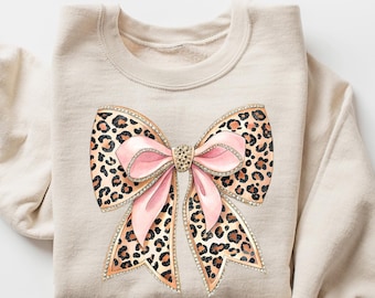 Bow Sweatshirt | Leopard Coquette Bow Shirts | Coquette Aesthetic | Girly Girl Shirts Preppy Bow Shirts Leopard Ribbon Sweater | Trendy Gift