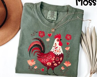 Comfort Colors® Valentines Rooster Shirt, Cute HUNTRXX Folk Art Tee, Cottagecore Chicken T-Shirt, Country Farm Animal Gift For Her