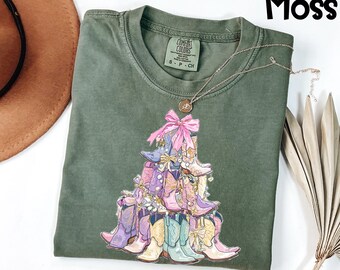 Comfort Colors® Cowboy Boots Christmas Tree Shirt, Western Cowgirl Holiday Tee, Festive Rustic Gift For Her